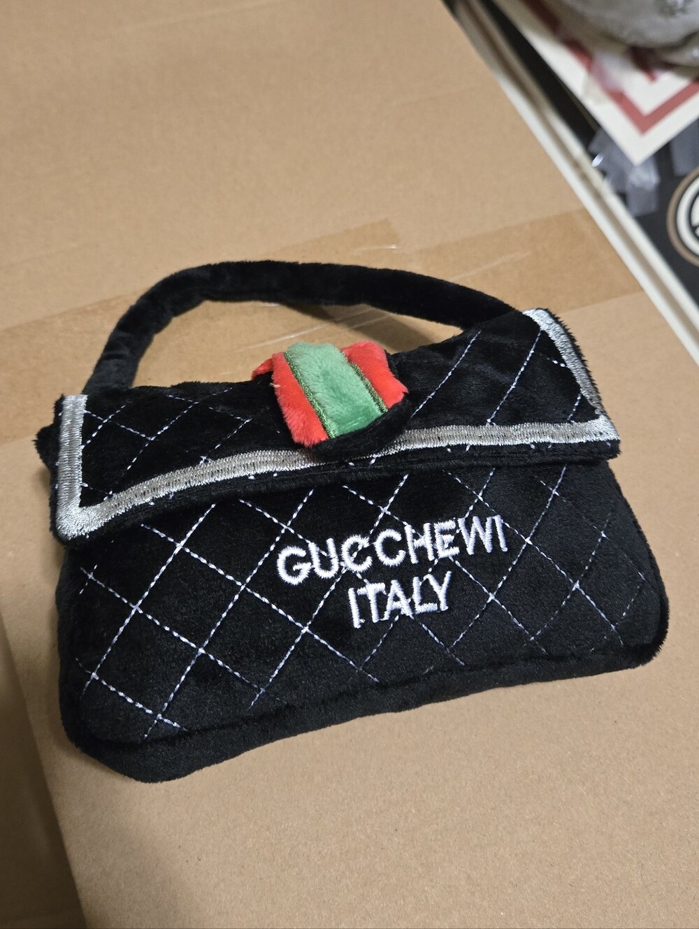 Dog Squeak Toy Gucchewi Italy Black Quilted Velvet Mini Handbag